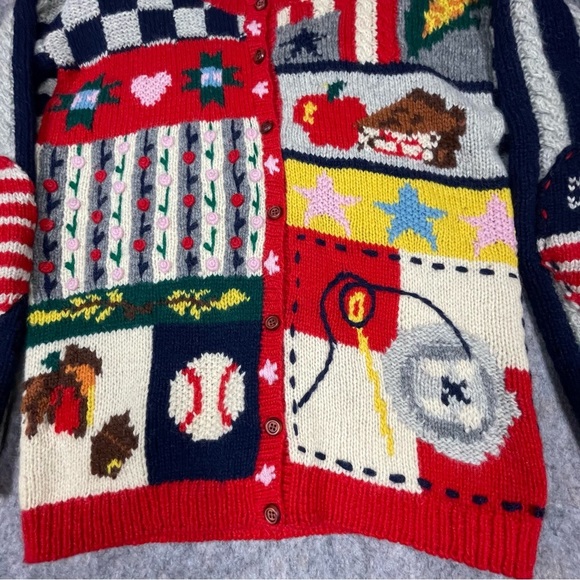 Vtg Eagles Eye Patriotic Americana Hand Knit Novelty Button Up Cardigan - Sz M - Picture 8 of 16